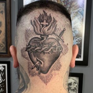 Back of head sacred heart tattoo by Darigo Bonatto