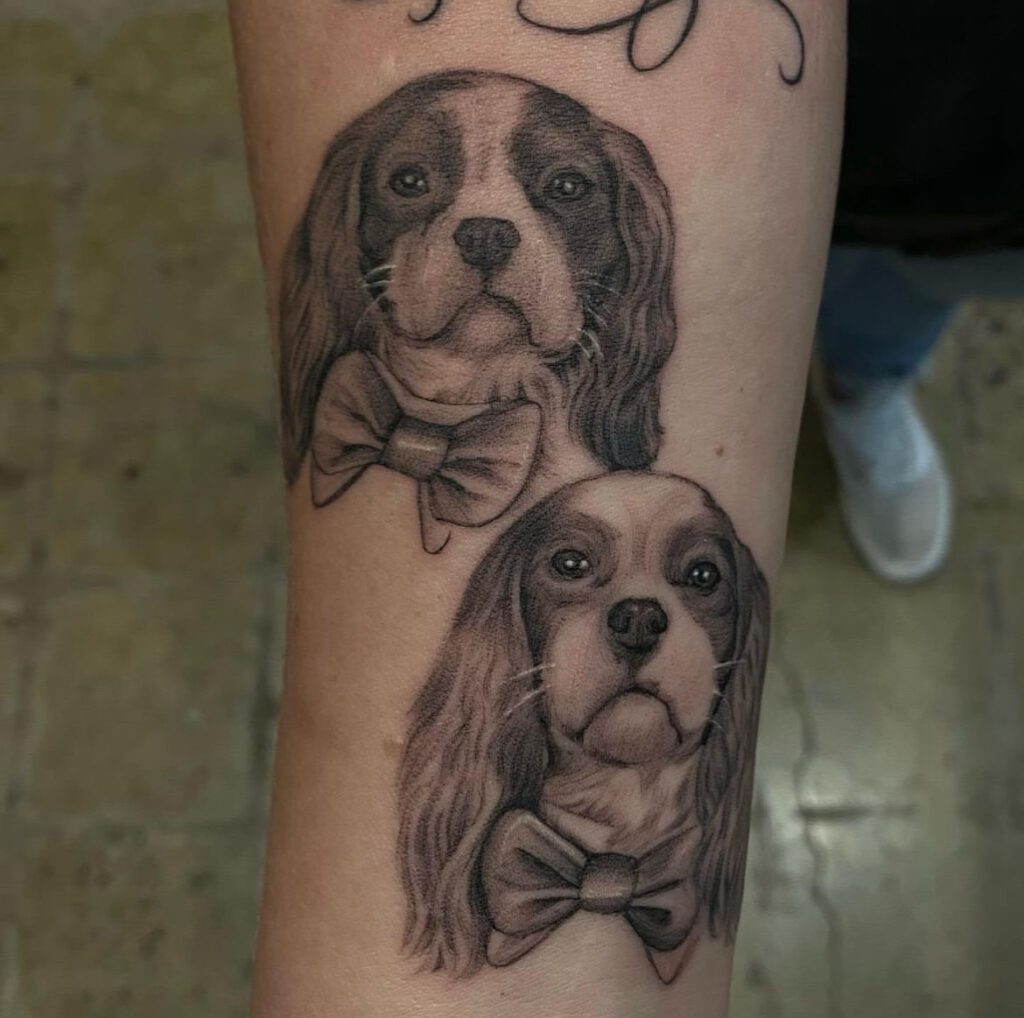 Two dog portrait tattoos made with single needle