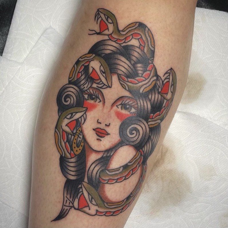 Medusa tattoo in American Traditional style