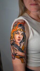 Neo-traditional tattoo depiction of the Russian fairytale of